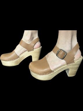 No.6 Tan Leather Platform Clog Sandals with Buckle